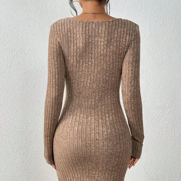 Mocha Brown Rib Knit Long Sleeve Bodycon - Picture 4 of 4